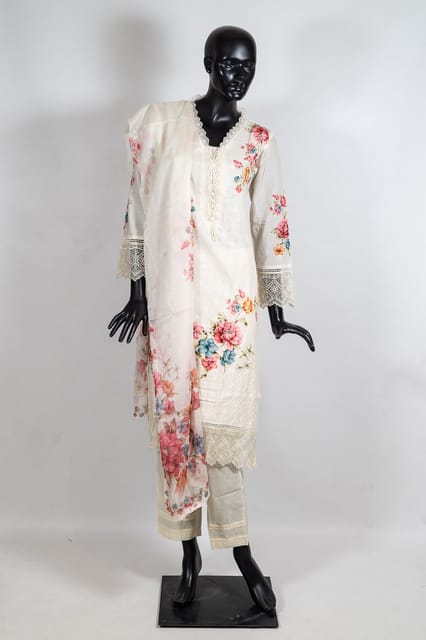 Cream Color Cotton Print with Chikankari Embroidered Shirt with Cotton Pant and Chiffon Printed Dupatta