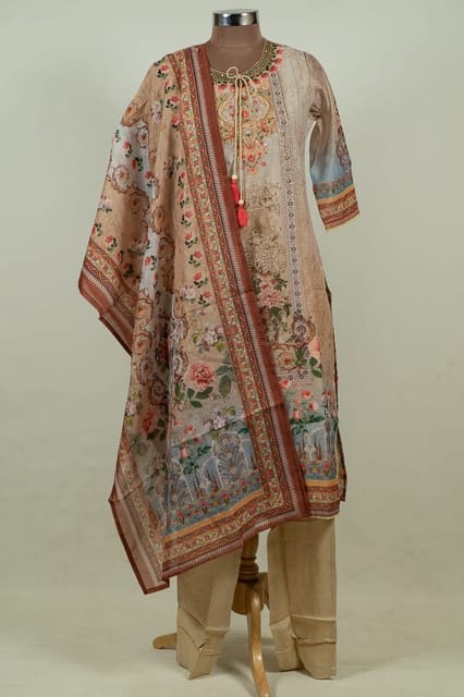 Fawn Colour Chanderi Print with Embroidered Shirt with Bottom and Chanderi Printed Dupatta