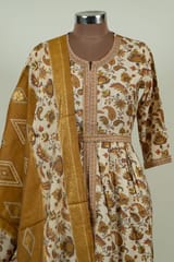 Cream Colour Modal Chanderi Print with Embroidered Shirt with Bottom and Chanderi Printed Dupatta