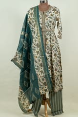 Cream Colour Modal Chanderi Print with Embroidered Shirt with Bottom and Chanderi Printed Dupatta