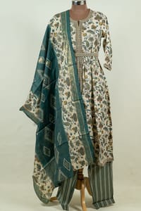 Cream Colour Modal Chanderi Print with Embroidered Shirt with Bottom and Chanderi Printed Dupatta