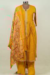 Yellow Colour Chanderi Print with Embroidered Shirt with Bottom and Chanderi Printed Dupatta