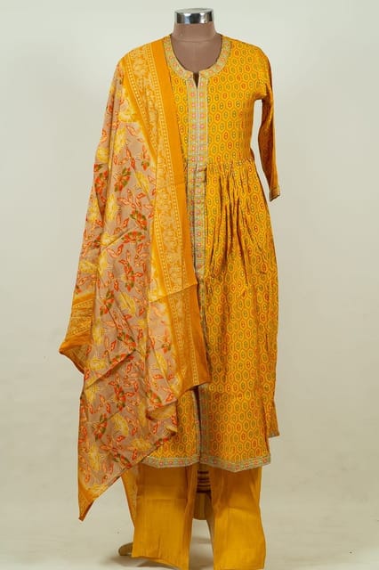 Yellow Colour Chanderi Print with Embroidered Shirt with Bottom and Chanderi Printed Dupatta
