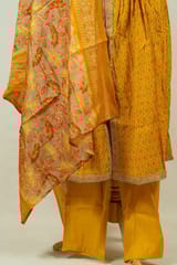 Yellow Colour Chanderi Print with Embroidered Shirt with Bottom and Chanderi Printed Dupatta