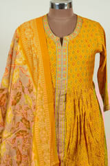 Yellow Colour Chanderi Print with Embroidered Shirt with Bottom and Chanderi Printed Dupatta
