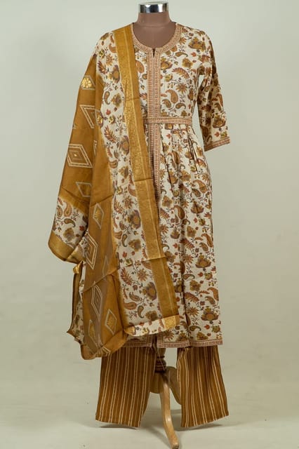 Cream Colour Modal Chanderi Print with Embroidered Shirt with Bottom and Chanderi Printed Dupatta