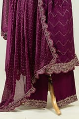 Wine Colour Rayon Cotton Embroidered Shirt with Bottom and Chinon Chiffon Embroidered Dupatta