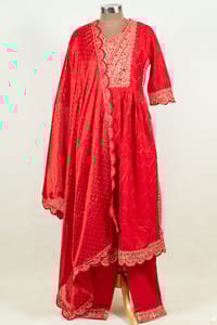 Red Colour Rayon Cotton Embroidered Shirt with Bottom and Chinon Chiffon Embroidered Dupatta