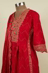 Red Colour Rayon Cotton Embroidered Shirt with Bottom and Chinon Chiffon Embroidered Dupatta