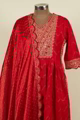 Red Colour Rayon Cotton Embroidered Shirt with Bottom and Chinon Chiffon Embroidered Dupatta