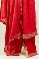 Red Colour Rayon Cotton Embroidered Shirt with Bottom and Chinon Chiffon Embroidered Dupatta