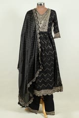 Black Colour Rayon Cotton Embroidered Shirt with Bottom and Chinon Chiffon Embroidered Dupatta