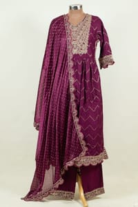 Wine Colour Rayon Cotton Embroidered Shirt with Bottom and Chinon Chiffon Embroidered Dupatta