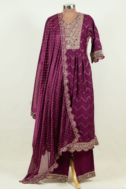 Wine Colour Rayon Cotton Embroidered Shirt with Bottom and Chinon Chiffon Embroidered Dupatta
