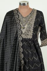 Black Colour Rayon Cotton Embroidered Shirt with Bottom and Chinon Chiffon Embroidered Dupatta