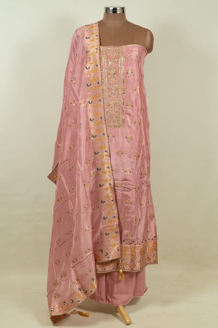 Onion Pink Colour Dola Silk Embroidered Shirt with Bottom and Dola Silk Jacquard Dupatta