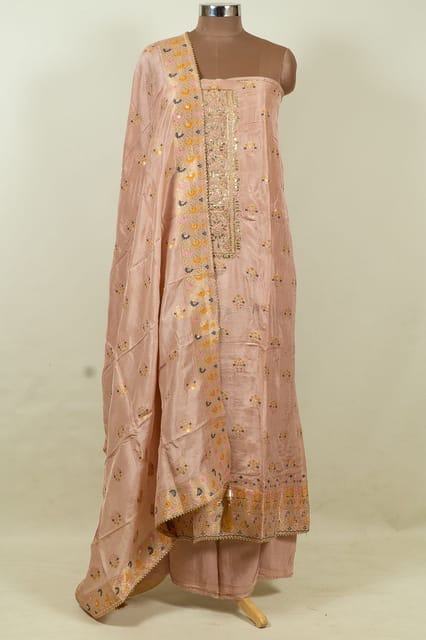 Peach Colour Dola Silk Embroidered Shirt with Bottom and Dola Silk Jacquard Dupatta