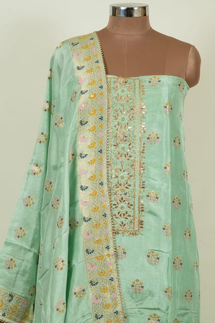 Green Colour Dola Silk Embroidered Shirt with Bottom and Dola Silk Banarsi Dupatta