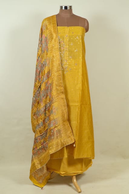 Yellow Colour Chanderi Embroidered Shirt with Bottom and Banarasi Silk Printed Dupatta
