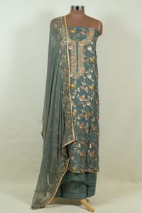 Greyish Green Colour Viscose Organza Embroidered Shirt with Bottom and Chiffon Embroidered Dupatta