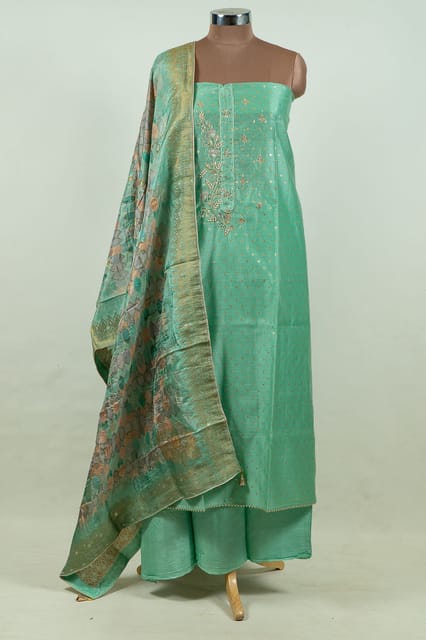 Sea Green Colour Chanderi Embroidered Shirt with Bottom and Banarasi Silk Printed Dupatta