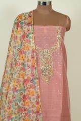 Onion Pink Colour Chanderi Embroidered Shirt with Bottom and Organza Printed Dupatta