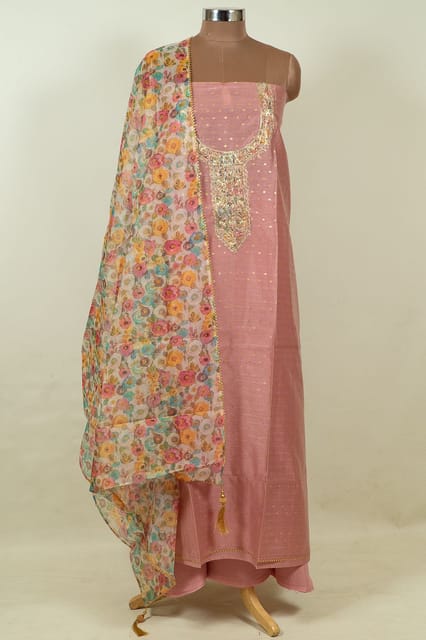 Onion Pink Colour Chanderi Embroidered Shirt with Bottom and Organza Printed Dupatta