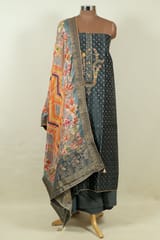 Grey Colour Chanderi Embroidered Shirt with Bottom and Printed Banarasi Silk Dupatta