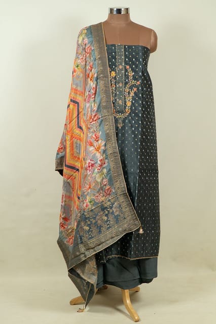 Grey Colour Chanderi Embroidered Shirt with Bottom and Printed Banarasi Silk Dupatta