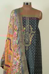 Grey Colour Chanderi Embroidered Shirt with Bottom and Printed Banarasi Silk Dupatta