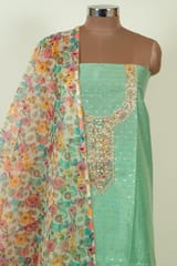 Green Colour Chanderi Embroidered Shirt with Bottom and Organza Printed Dupatta