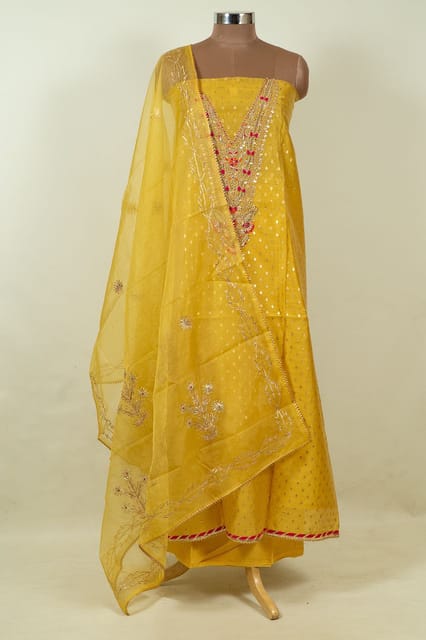Yellow Colour Chanderi Embroidered Shirt with Bottom and Organza Embroidered Dupatta