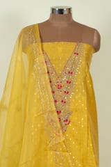 Yellow Colour Chanderi Embroidered Shirt with Bottom and Organza Embroidered Dupatta