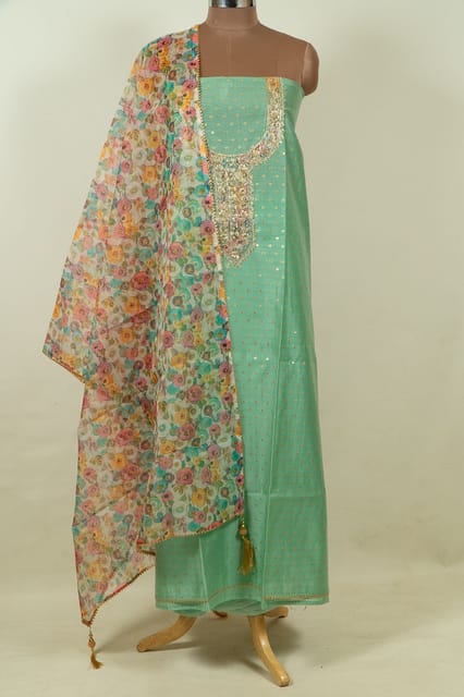 Green Colour Chanderi Embroidered Shirt with Bottom and Organza Printed Dupatta