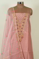 Onion Pink Colour Chanderi Embroidered Shirt with Bottom and Organza Embroidered Dupatta