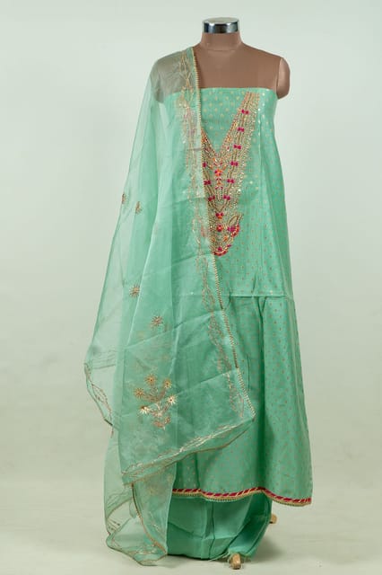 Sea Green Colour Chanderi Embroidered Shirt with Bottom and Organza Embroidered Dupatta