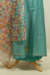 Firozi Colour Chanderi Embroidered Shirt with Bottom and Organza Printed Dupatta