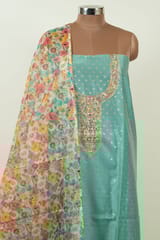 Firozi Colour Chanderi Embroidered Shirt with Bottom and Organza Printed Dupatta