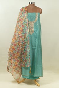 Firozi Colour Chanderi Embroidered Shirt with Bottom and Organza Printed Dupatta