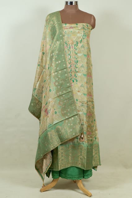 Green Colour Banarasi Silk Print with Embroidered Shirt with Bottom and Printed Banarsi Silk Dupatta