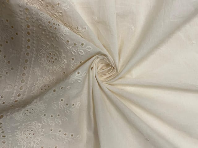 Cream Border Color Floral Cotton Chikan Fabric