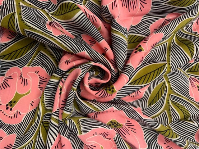 Mehndi Green Pink Floral Double Georgette Print Fabric