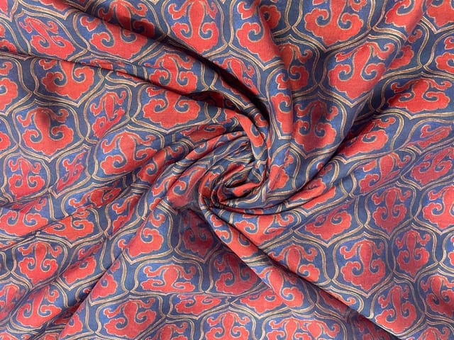 Navy Blue Red Abstract Chanderi Fabric