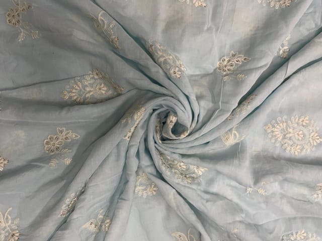 Sky Blue Floral Cotton Embroidery Fabric
