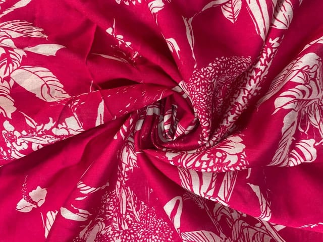 Magenta Leaves Chanderi Fabric