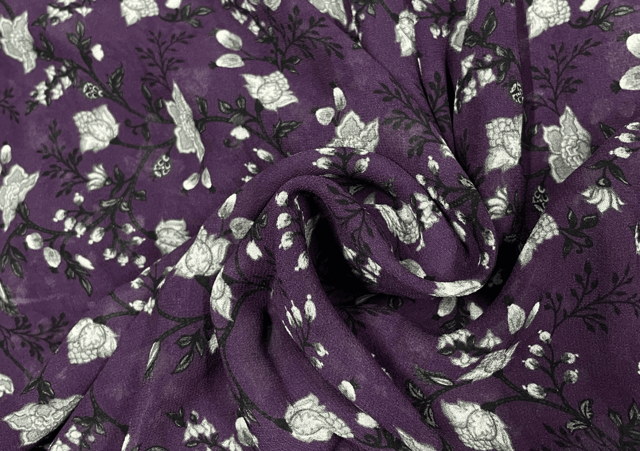 Dark Purple and White Floral Georgette Fabric