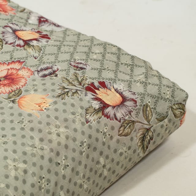 Grey Color Cotton Chikan Print with Embroidered Fabric