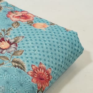 Sky Blue Color Cotton Chikan Print with Embroidered Fabric