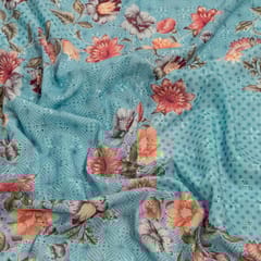 Sky Blue Color Cotton Chikan Print with Embroidered Fabric