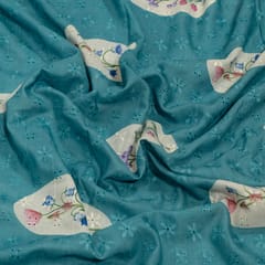 Firozi Color Cotton Chikan Print with Embroidered Fabric